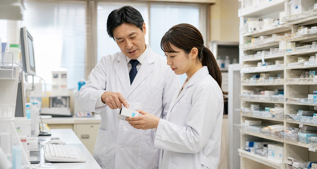 入社研修について確認する薬剤師のイメージ