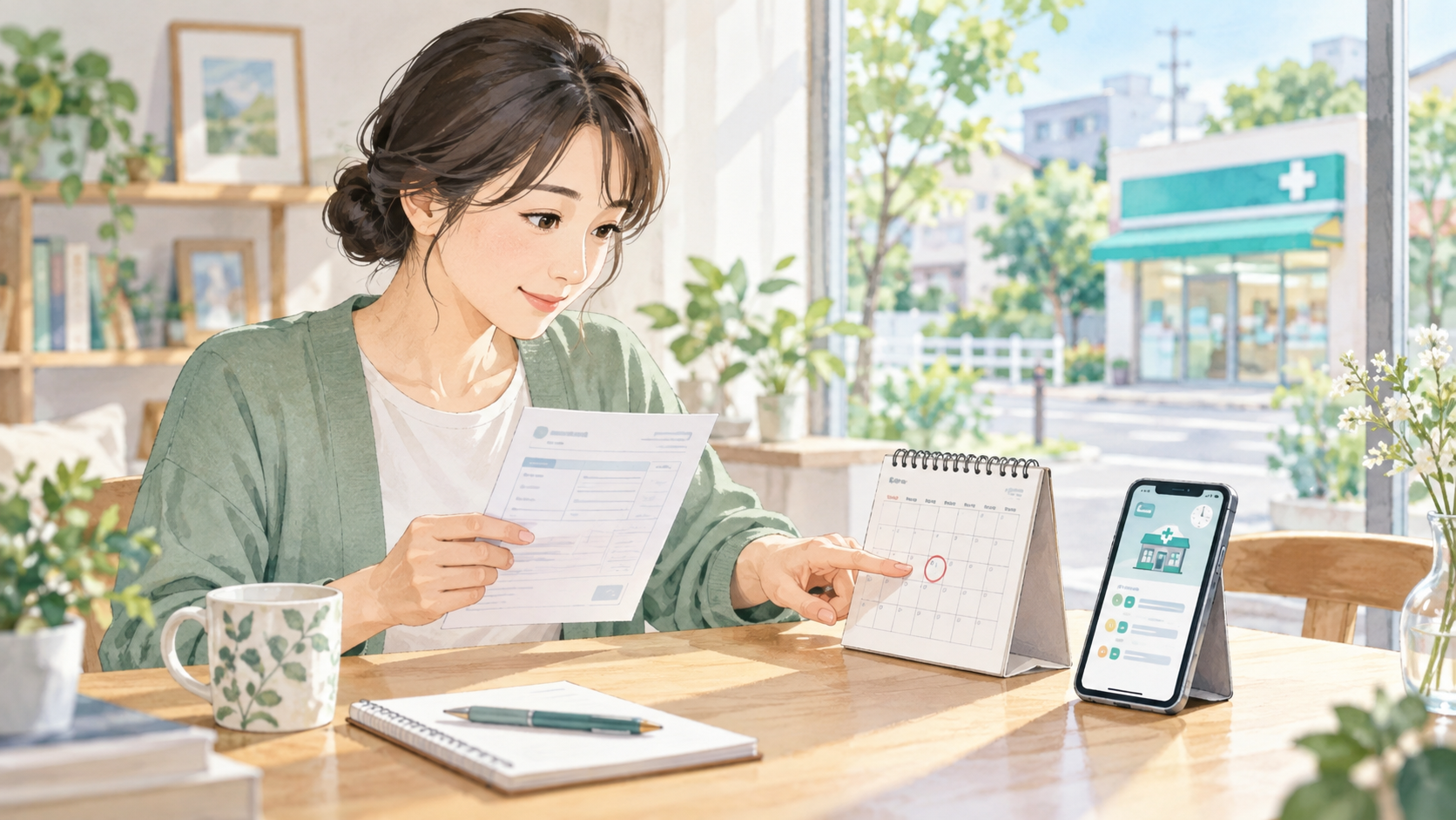 処方箋の日付と薬局の営業時間を確認する人のイメージ